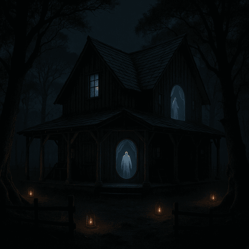 AI generated: A rustic barn transformed into a haunted house, with illusions powered by enchanted lanterns and mir...