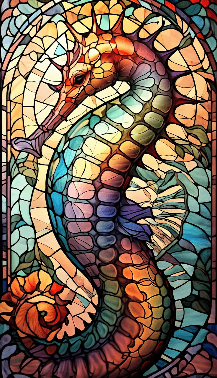 AI generated: st41nedg seahorse, dynamic lighting, blue, red <lora:st41nedg5CIVIT:1.1>floral, roses, gothic, stain...