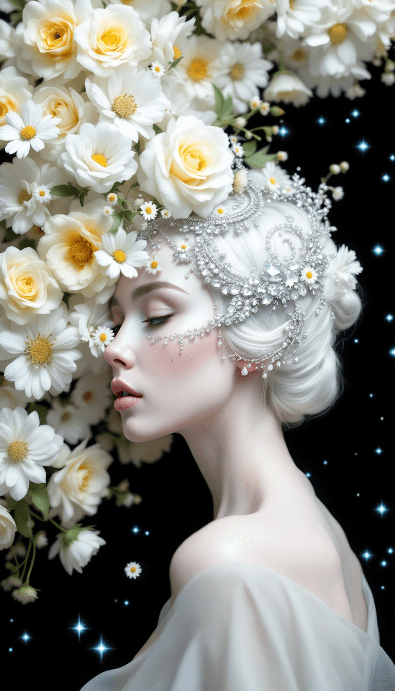 AI generated: An ethereal 3D side-profile image of a woman with pale skin and flowing white hair, blending into an...
