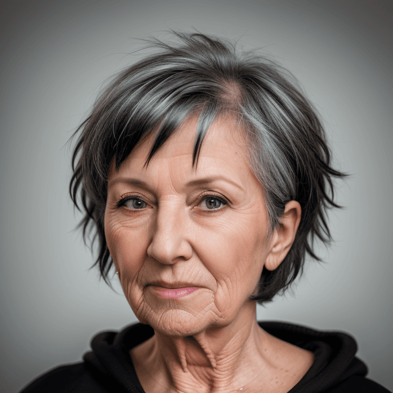 AI generated: hyper realistic headshot photo of a 65 year old woman, wearing a black hoodie, short hair,  looking ...