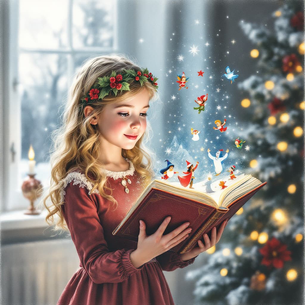 AI generated: Charcoal and pastel drawing. A 10-year-old girl with blonde curls. She is wearing a Christmas dress ...