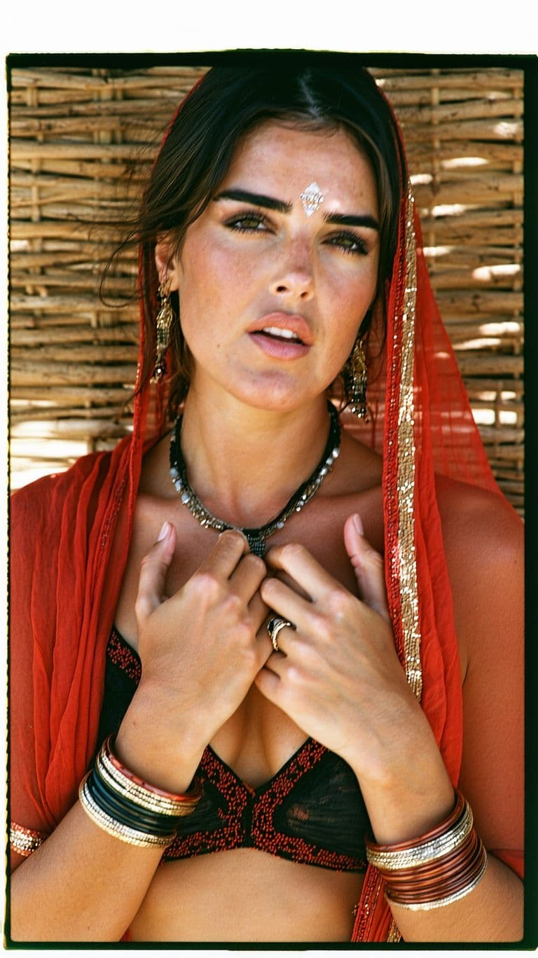 AI generated: Jennifer Connelly, biting her lip, 18-21 years old, brown hair, Indian hair style, saree,trying to r...