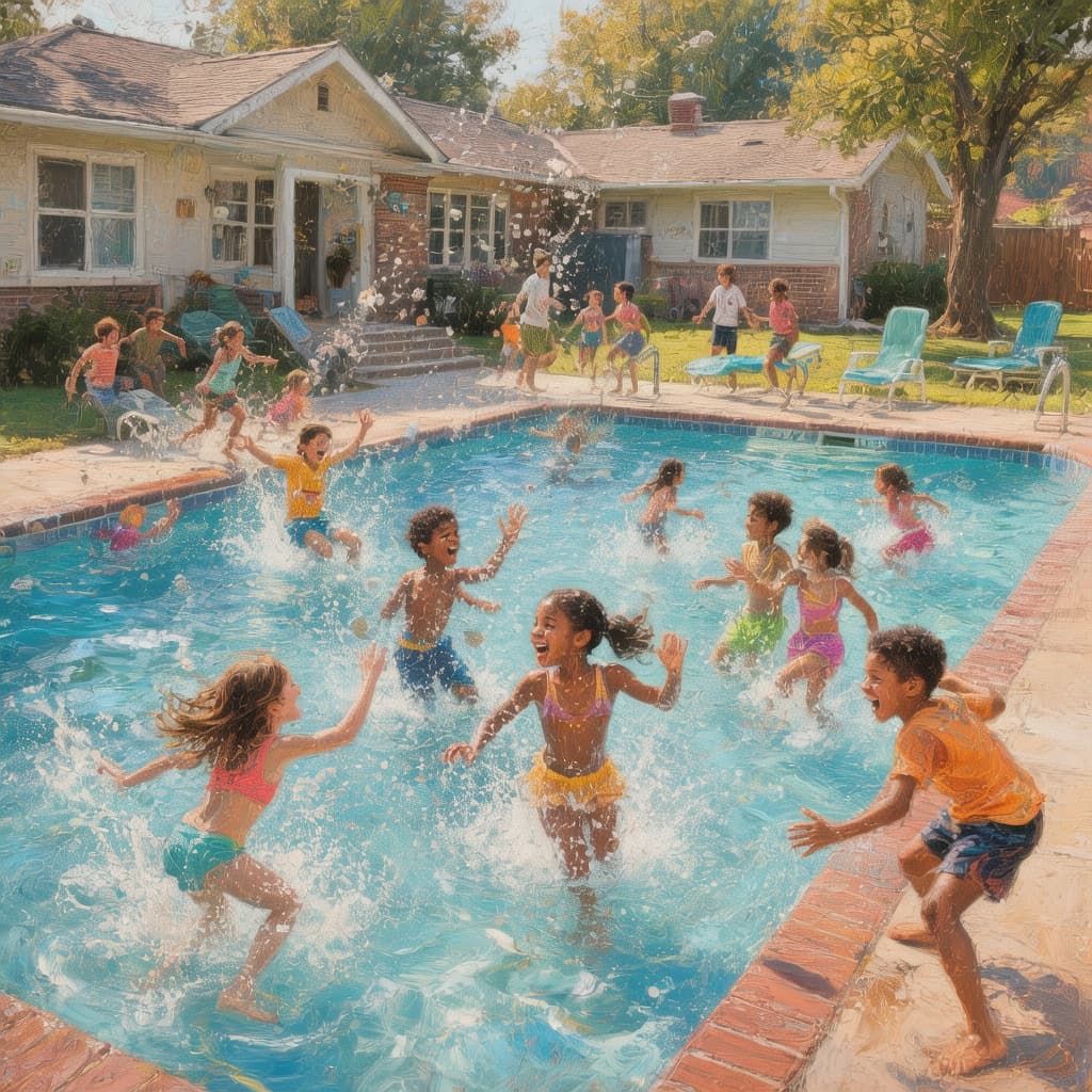 AI generated: Painterly style: neighborhood community swimming pool full of multi-racial kids having fun
