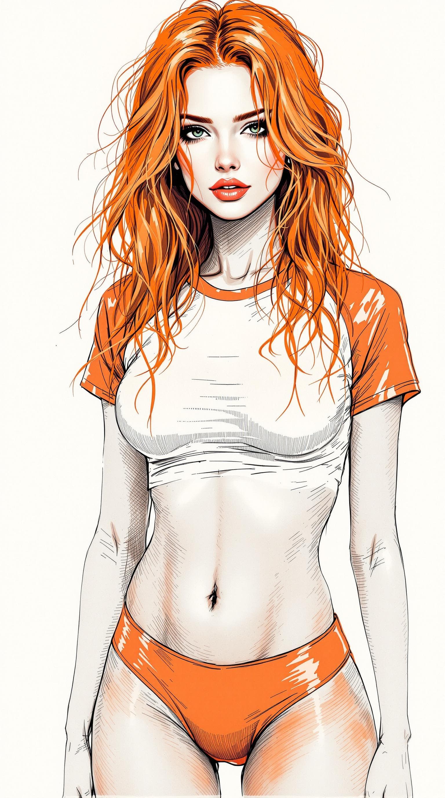 AI generated: A stunning beautiful 18 year old woman with vibrant orange hair. She wears a very tight white t-shir...