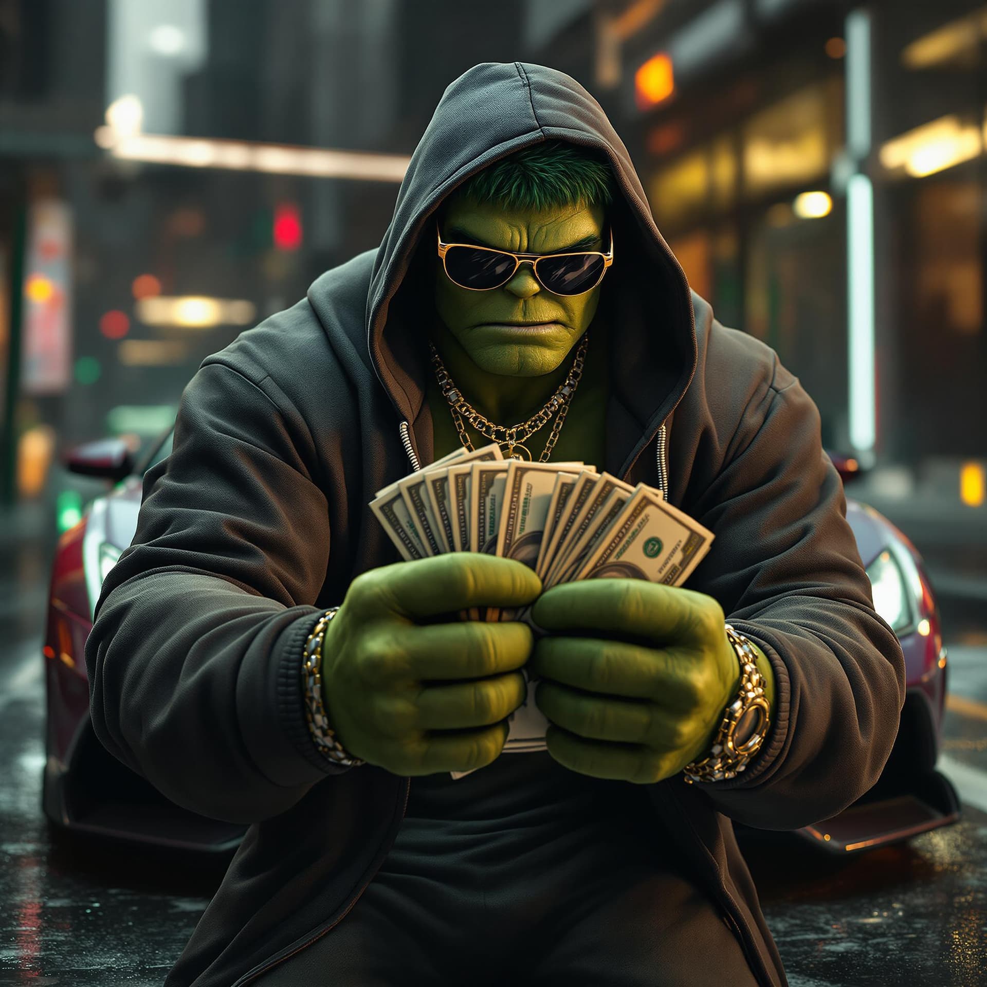 AI generated: the incredible hulk wearing a cool hoodie in hip hop fashion with shades, jewelry and timberland boo...