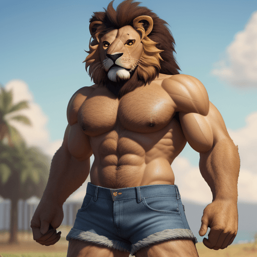 AI generated: Lion, anthropomorphic, furry, buff, hairy, jean shorts, 4k, hyper realistic, 
