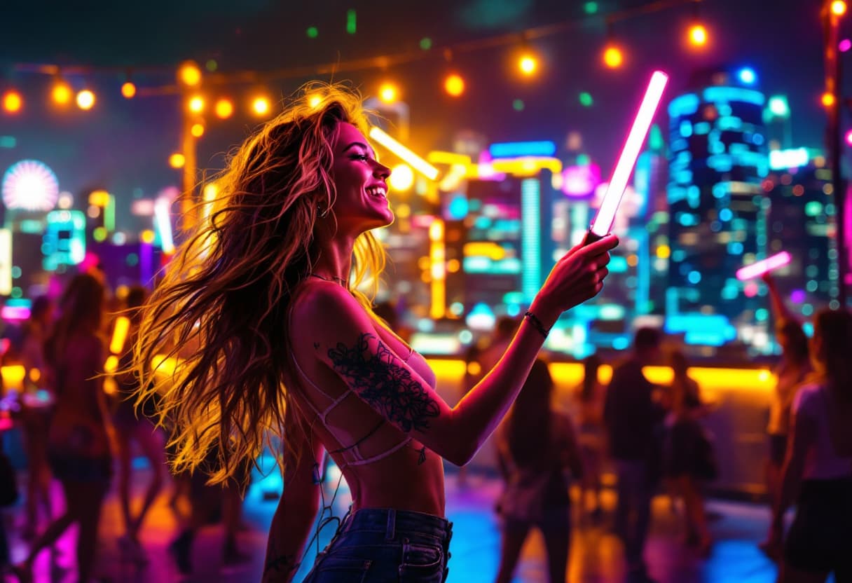 AI generated: 4:3 Show a lively rooftop party with a beautiful raver girl joyfully dancing, glow sticks in hand. N...