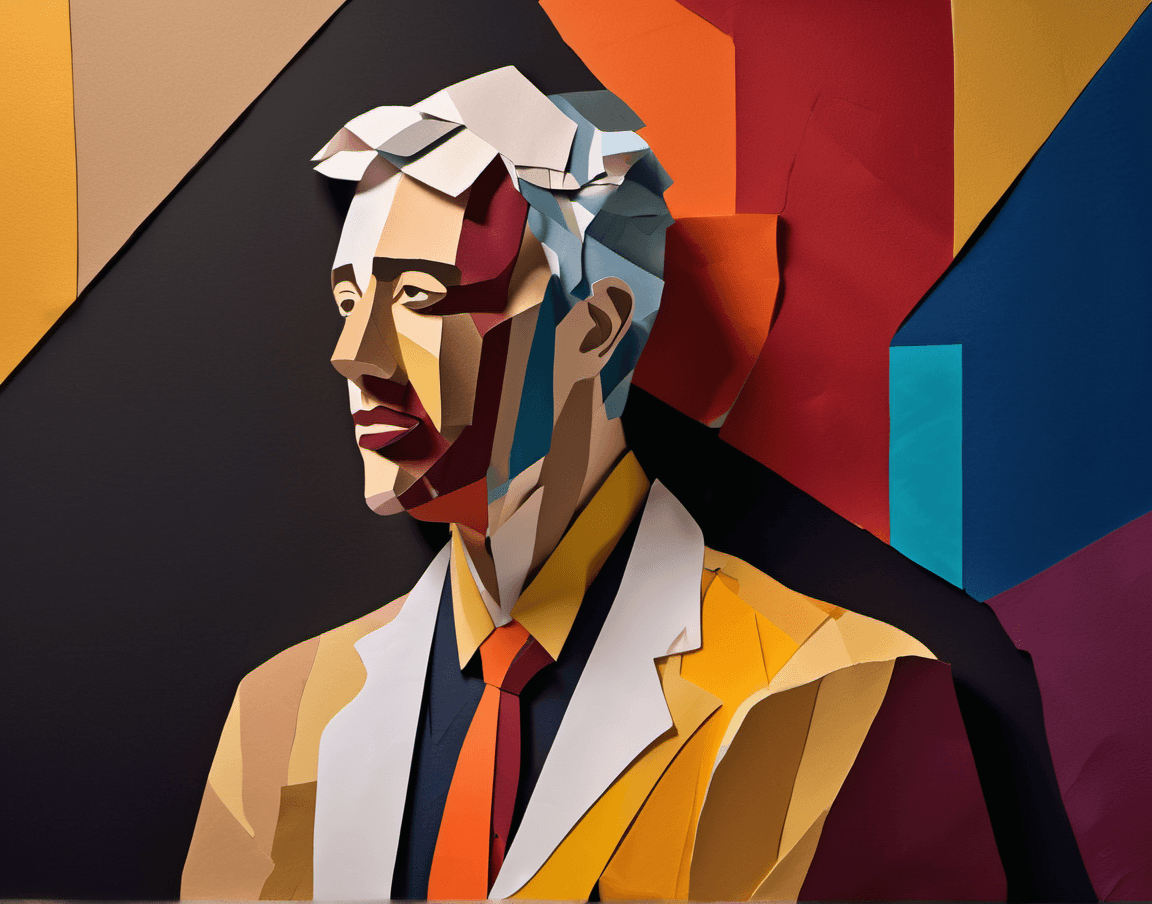 AI generated: gorgeous man, papercut collage, textured paper, overlapping with (((big shadows))), 16k, UHD, high d...