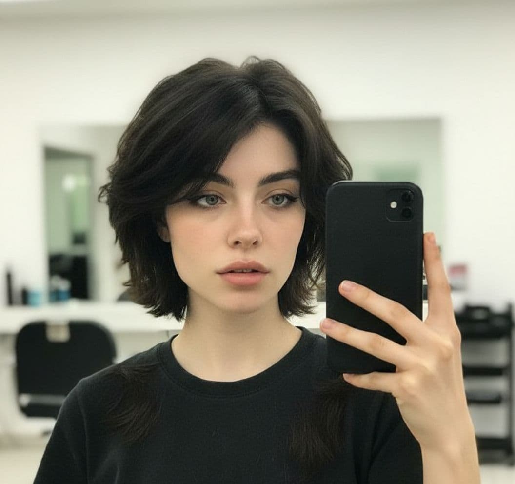 AI generated: a shot of her at the barber cutting her hair, shot taking as a mirror selfie from her iphone and add...