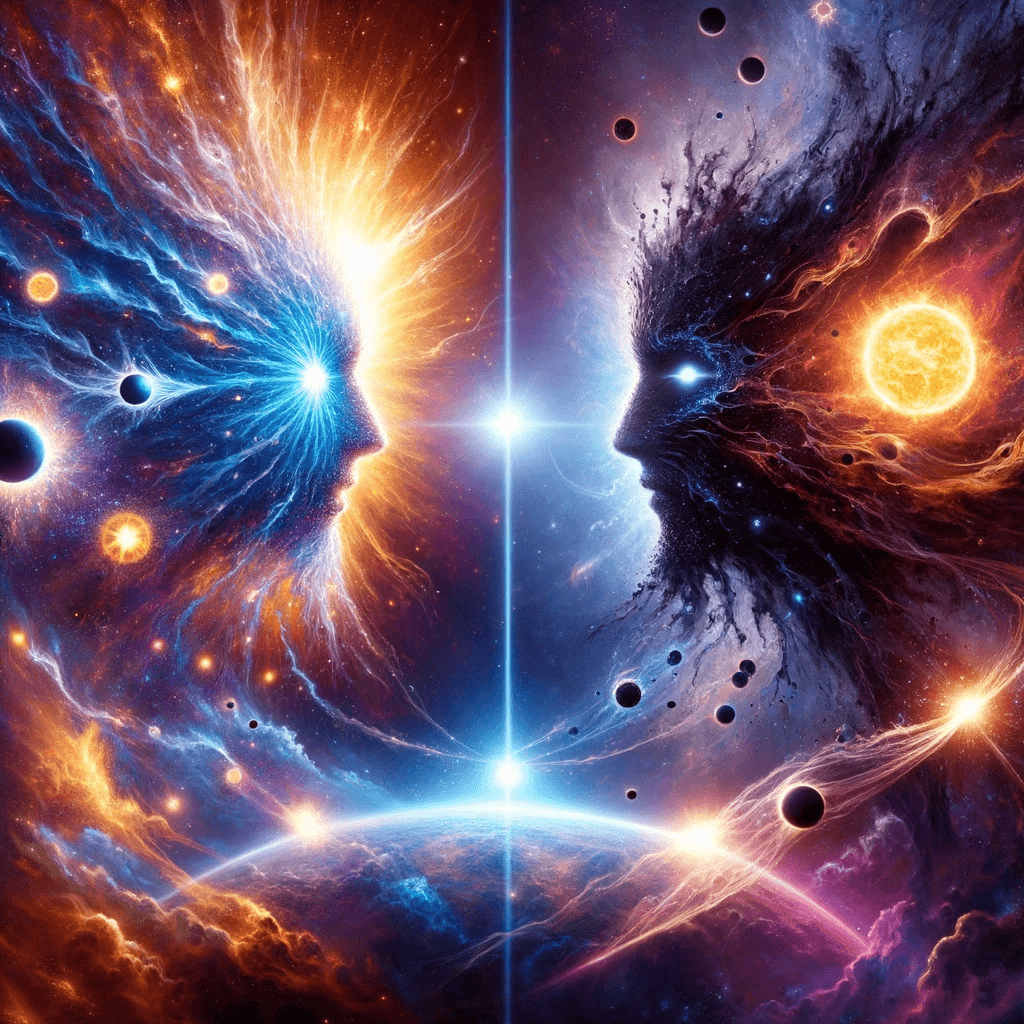 AI generated: In the expanse of a cosmic battlefield, two deities from separate dimensions face off. The first is ...