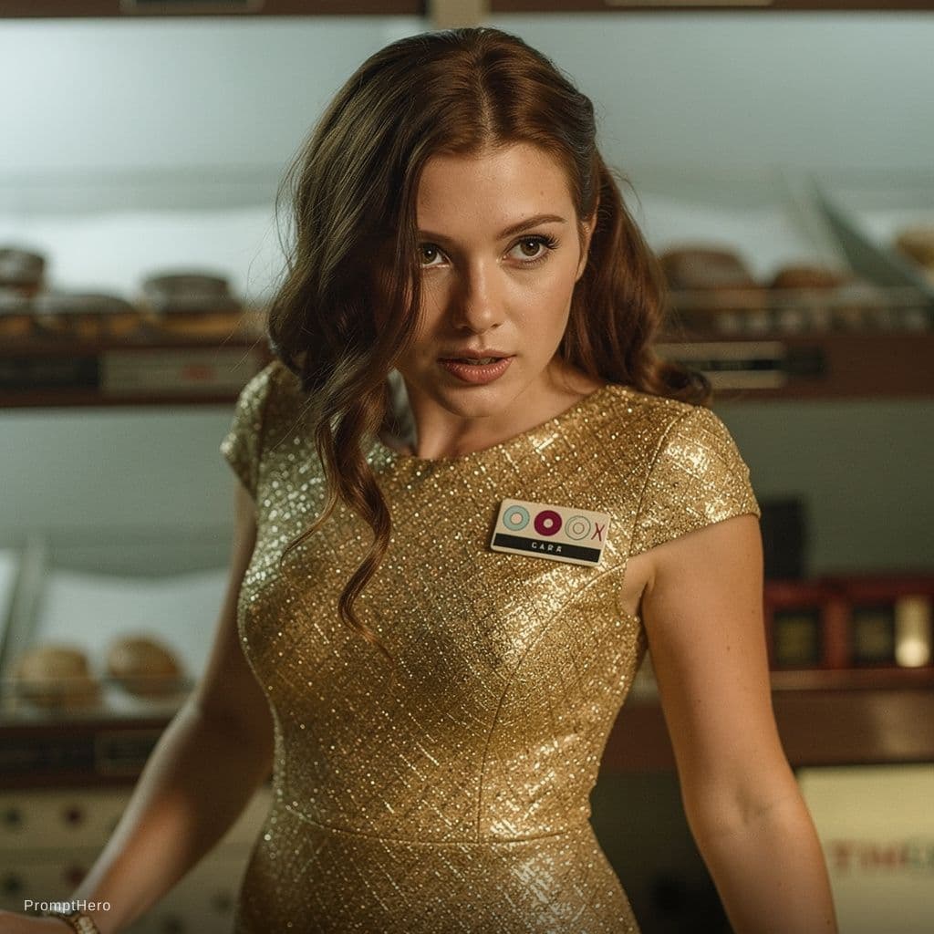 AI generated: Make the first girl uploaded appear to wear a sparkling, sexy gold lingerie dress just like the seco...