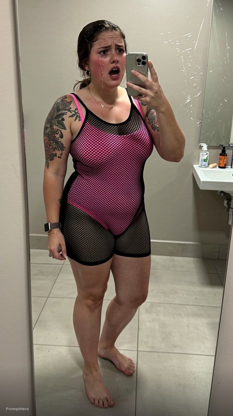 AI generated:  A woman with tattoos takes a mirror selfie wearing a black and transparent mesh dress. woman young ...