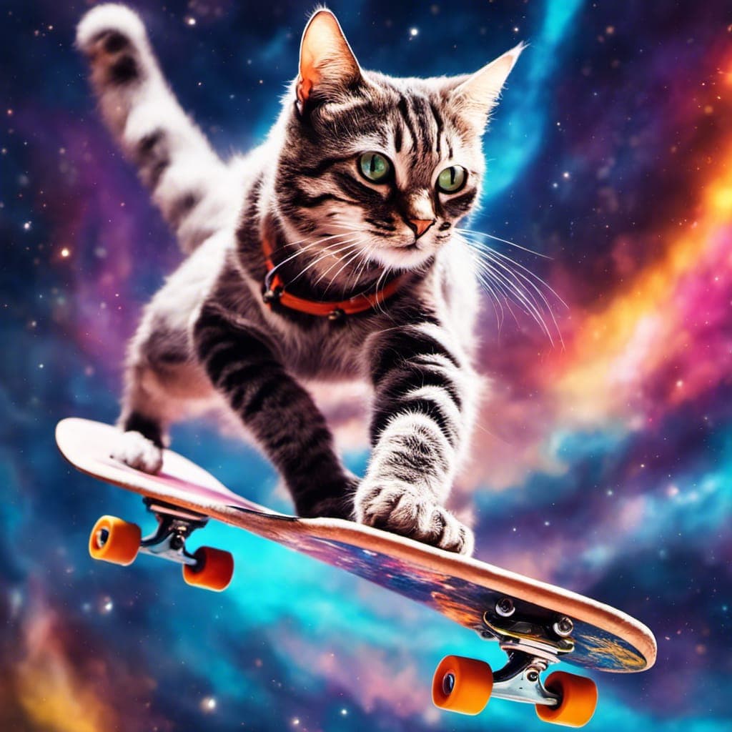 AI generated: a full view of a cat skateboarding effortlessly through the zero-gravity expanse of space, performin...