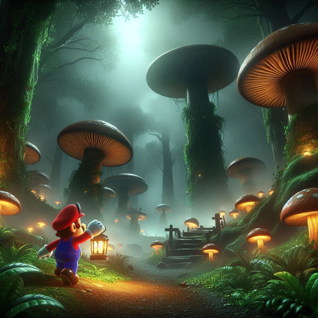 AI generated: Super Mario embarks on a daring mushroom-hunting adventure deep within a mystical forest. The forest...