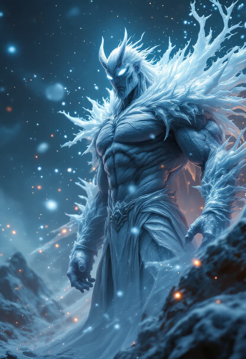 AI generated: God of Ice, full-body, Etherial, muscular, No mouth or hair, Glowing White eyes, epic, cinematic, 8k...