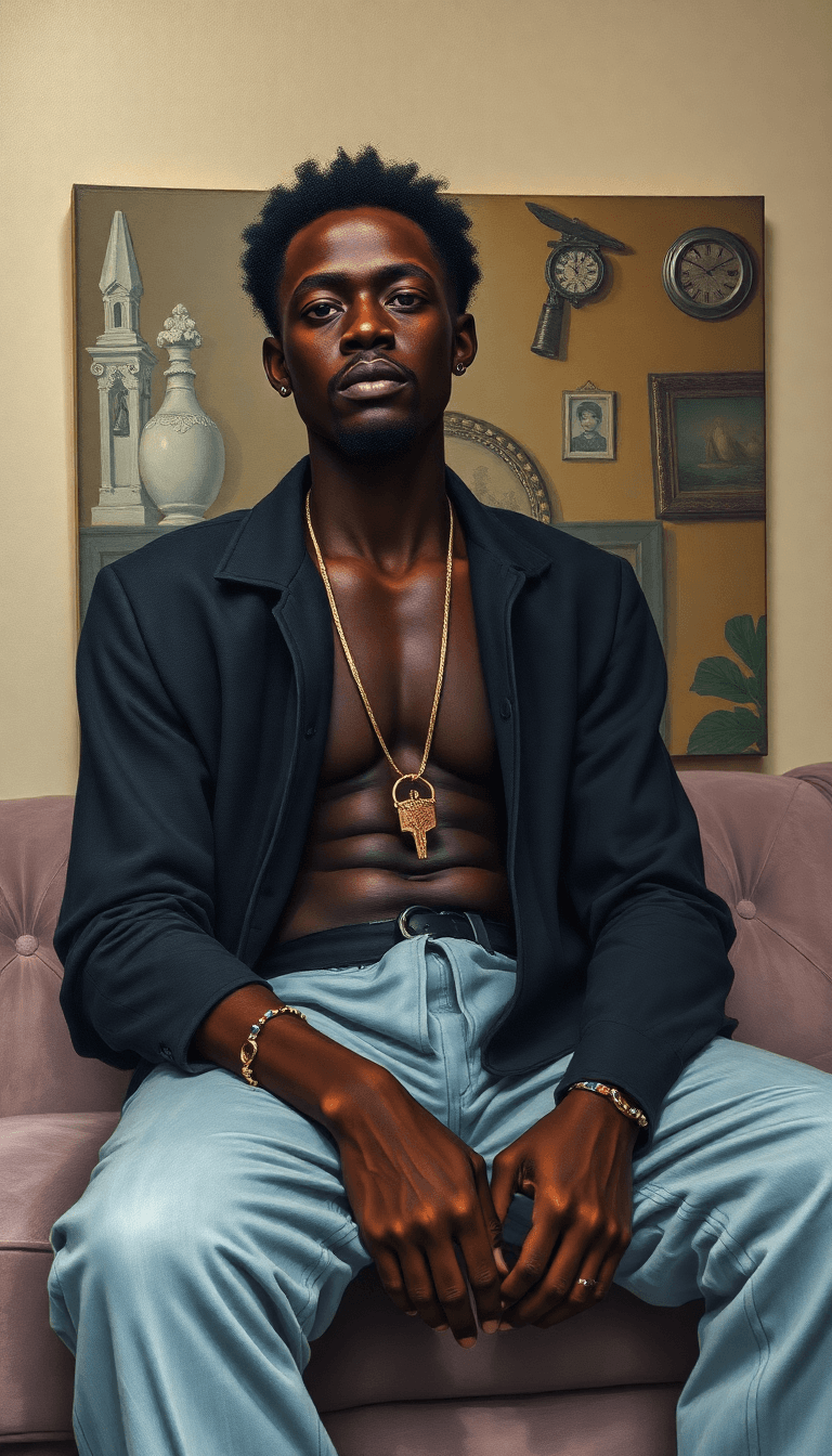 AI generated: a-breathtaking-oil-painting--fashionable-homeless-black-man-home-interior-setting-anatomically-corr-...