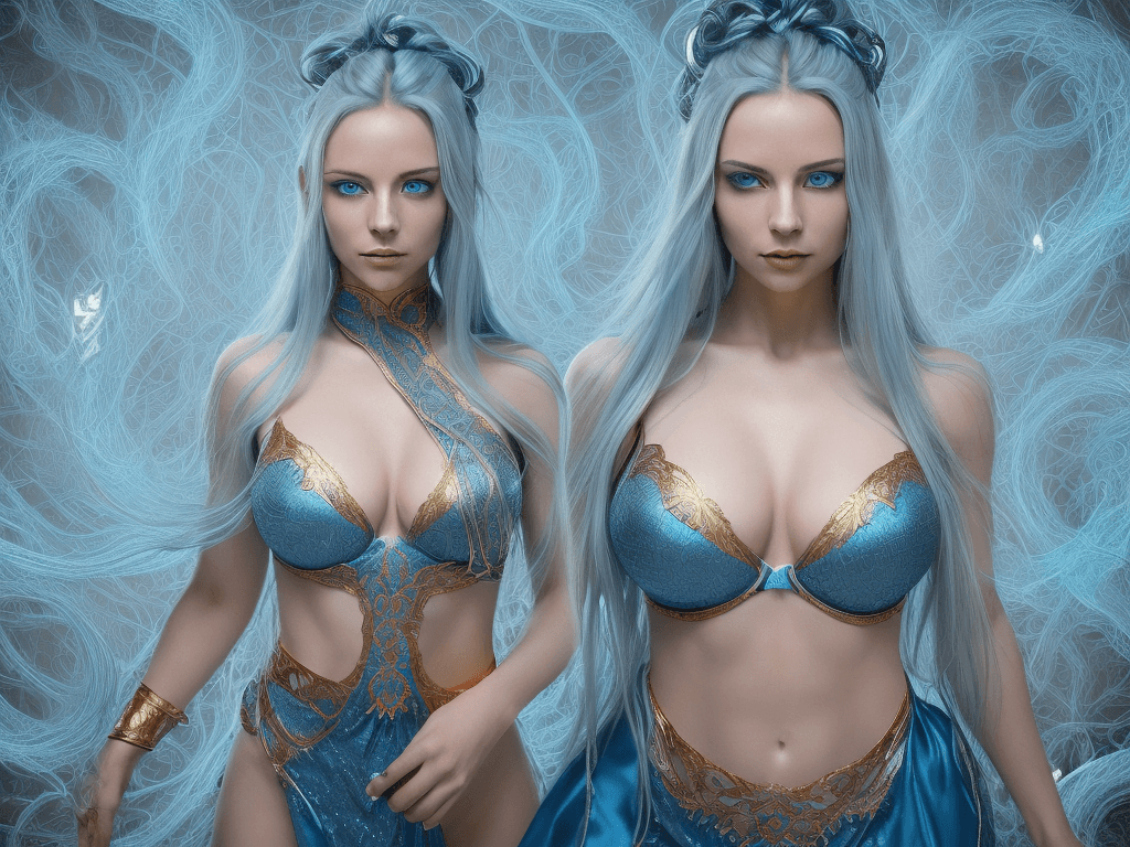 AI generated: a captivating portrait of a woman with an otherworldly aura, boasting striking blue eyes and long, l...