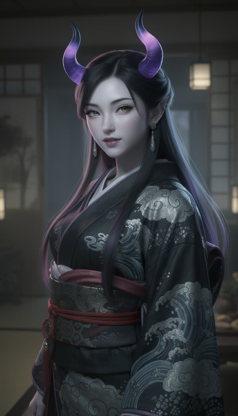 AI generated: A beautiful female Japanese Oni, with two color gradient horns, Blue with purple tips.
