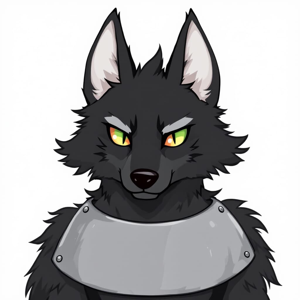 AI generated: Black Wolf fursona with gray highlights. It has four ears. It also has four eyes, which contain an o...