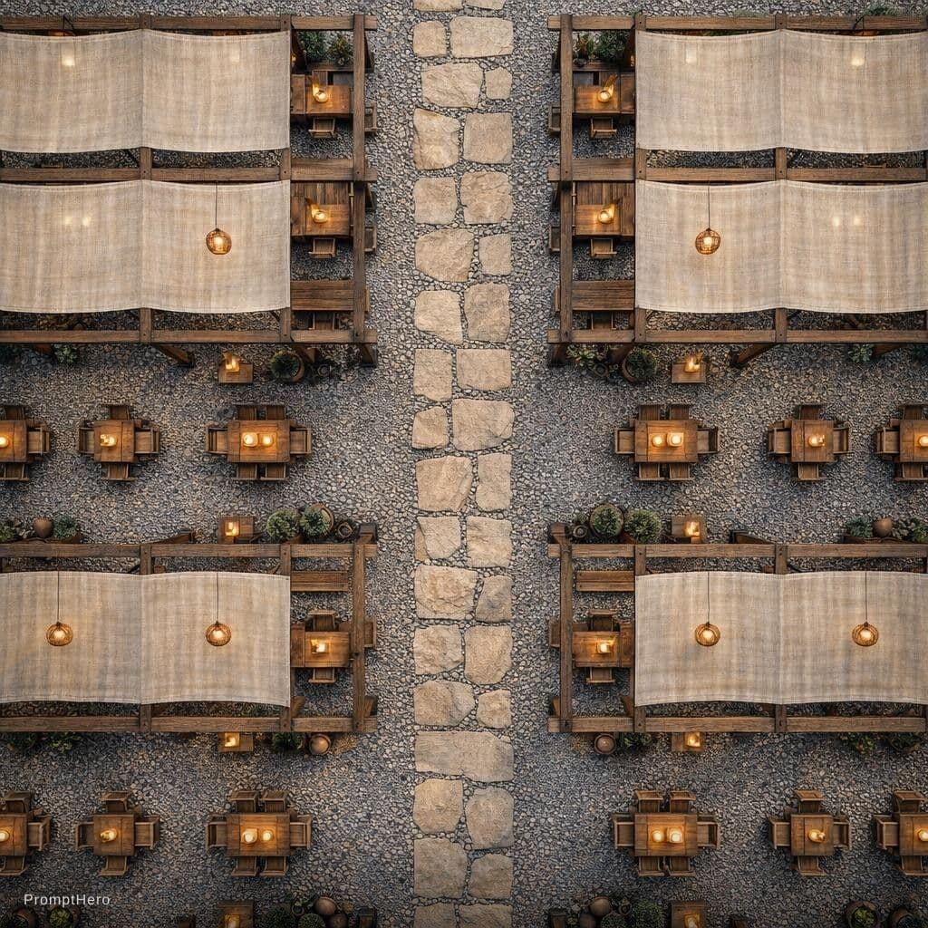 AI generated: "A highly detailed top-down architectural visualization of a rustic outdoor restaurant courtyard, 16...