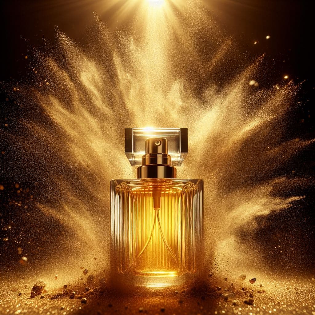 AI generated: Commercial photography, powerful explosion of golden dust,luxury parfum bottle,yellow sunray, studio...