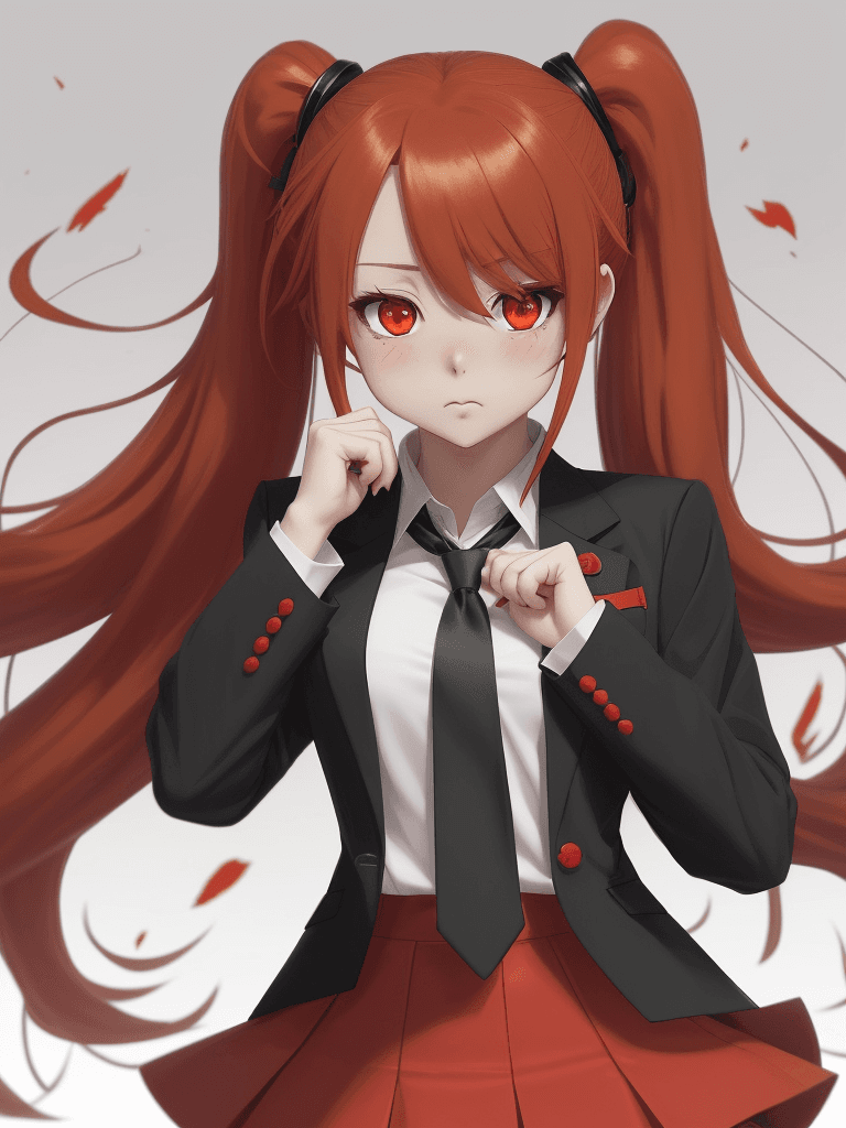 AI generated: 1 girl, ahoge, Red hair, Red eyes, hair between the eyes, social shirt, black tie, tie, jacket we sh...