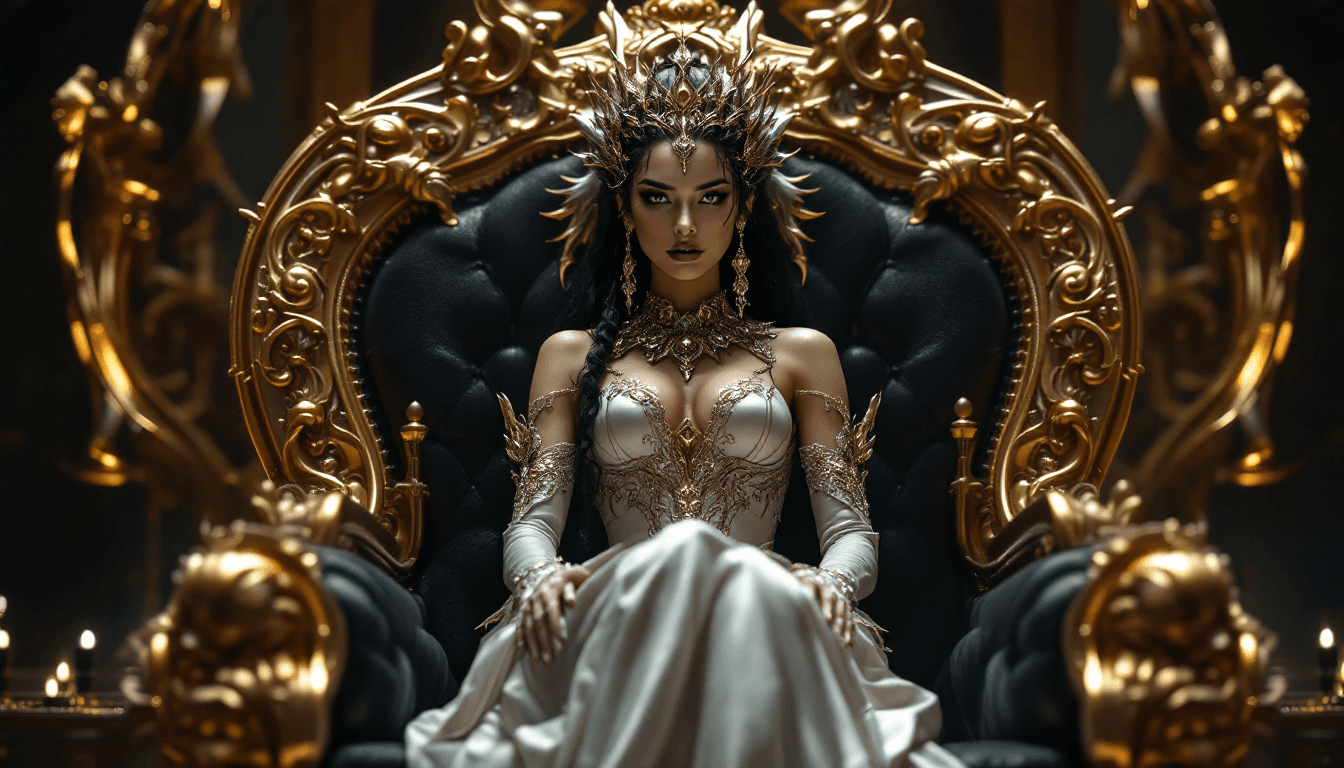 AI generated: A very beautiful queen sitting on a black throne made of gold, with a serpent-dragon like elements a...
