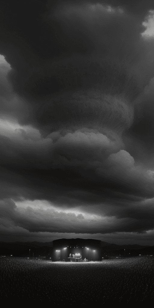 AI generated: concert dark evil sky , epic , 8k , hd , brown, brown, gray, black and white tones , cloud , coffe
