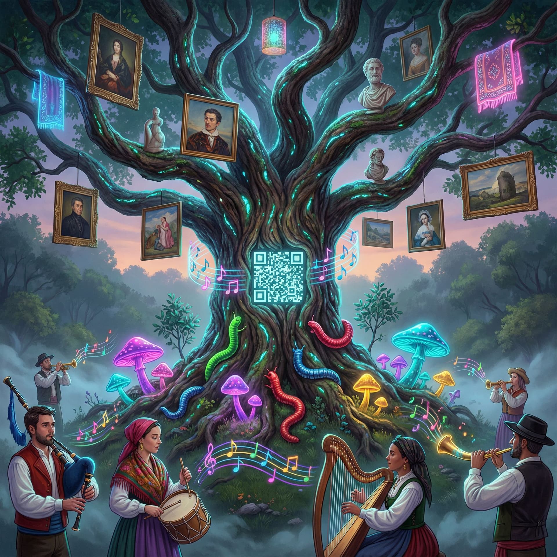 AI generated: Un árbol mágico ancestral del norte ibérico, con corteza antigua y resplandeciente, cuyas ramas se c...