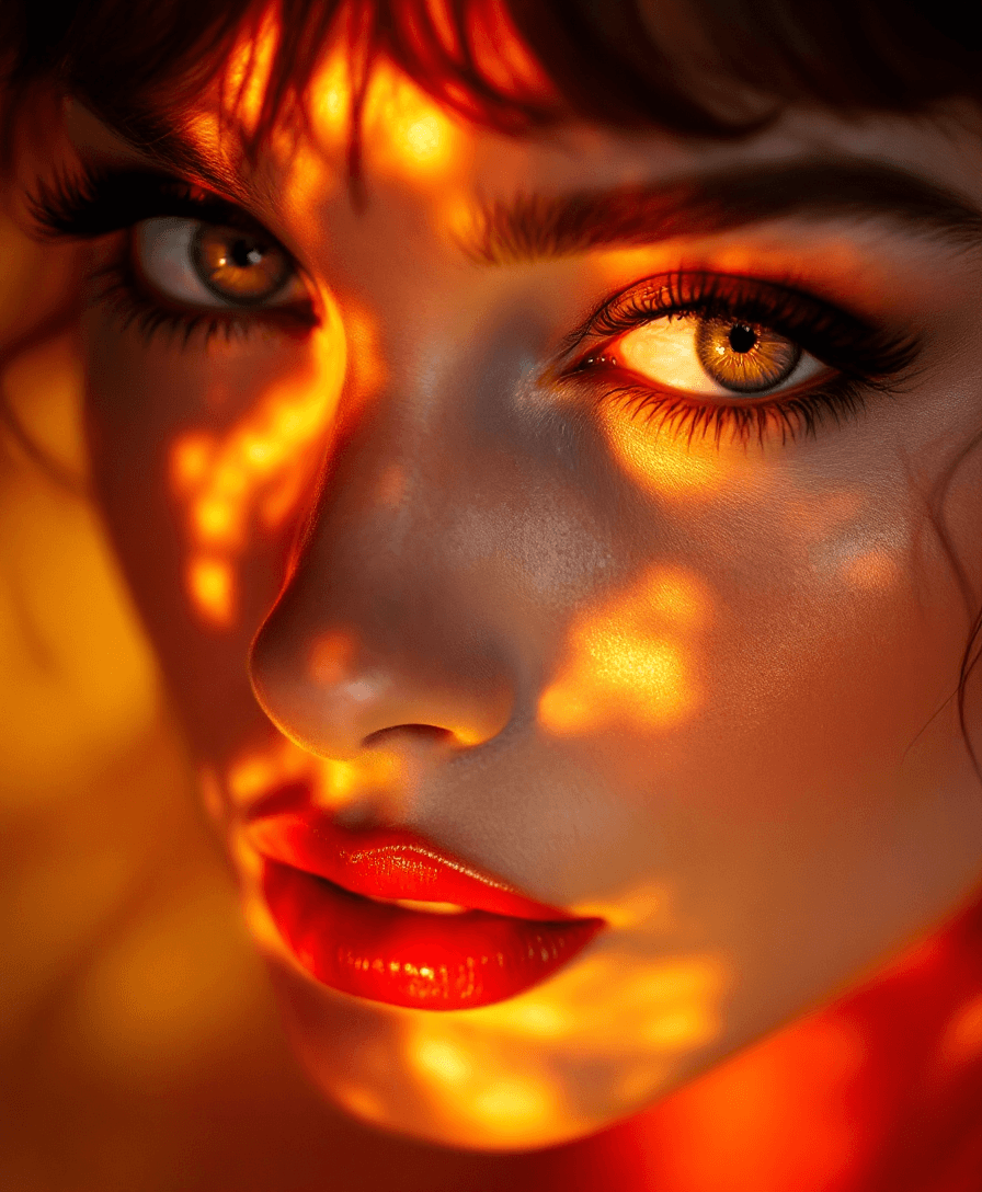 AI generated: A photorealistic 8K masterpiece of (Audrey Hepburn) close up of her face with orange, yellow and red...