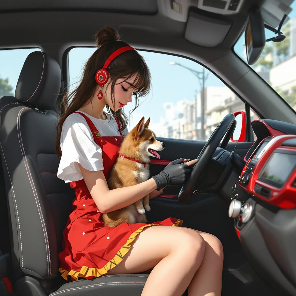 AI generated: a girl rider of a car with modern red and white combo dress handling a pet