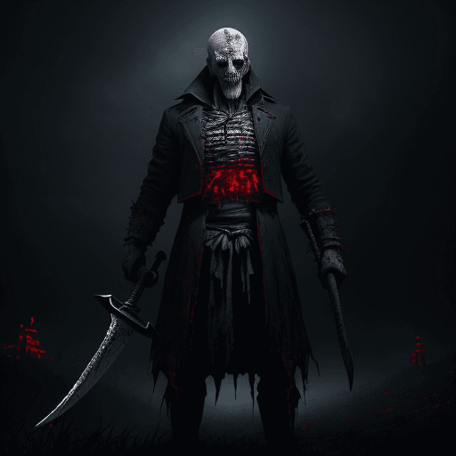 AI generated: Horror, highly detailed figure of a necromancer man with an ax and sword, visible face, Jack the Rip...