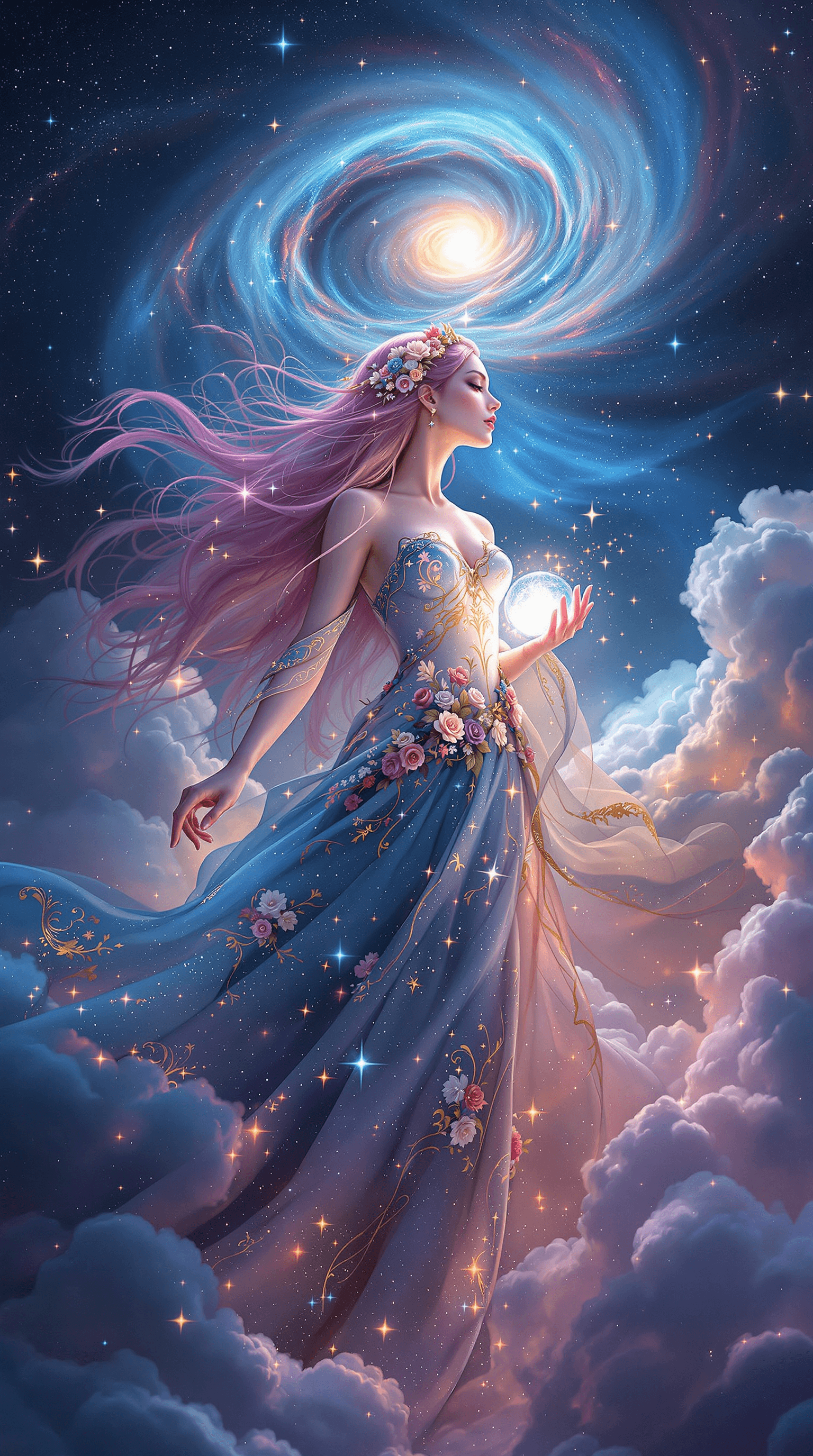 AI generated: (Ultra-high resolution, Hyper-detailed cosmic fantasy artwork, Celestial goddess walking through neb...