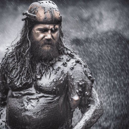 AI generated: Close-up of Viking King emerging from wet black mud :: Dark metal helmet with two large black horns ...