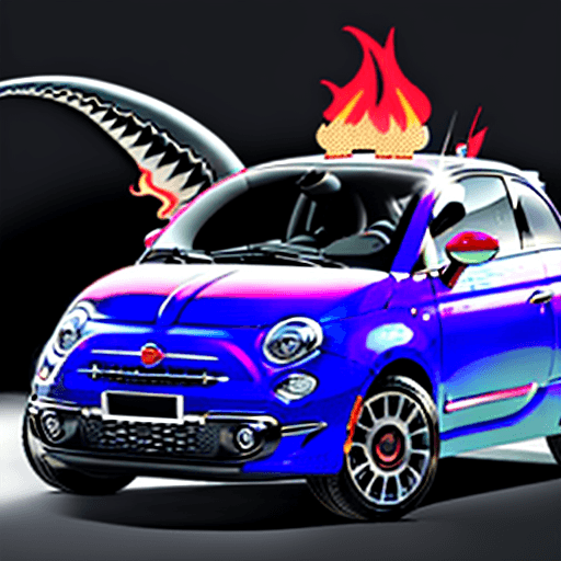 AI generated: Fiat 500 car with aggressive styling. Extra headlights. Ultraviolet lighting. Sharks teeth. Unicorn ...