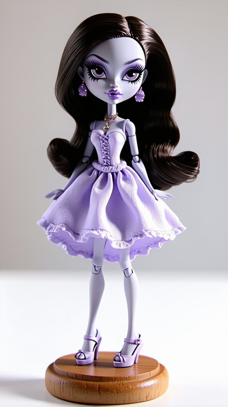 AI generated: A photo-realistic of a beautiful Monster High doll porcelain figurine on a small wood platform, dres...