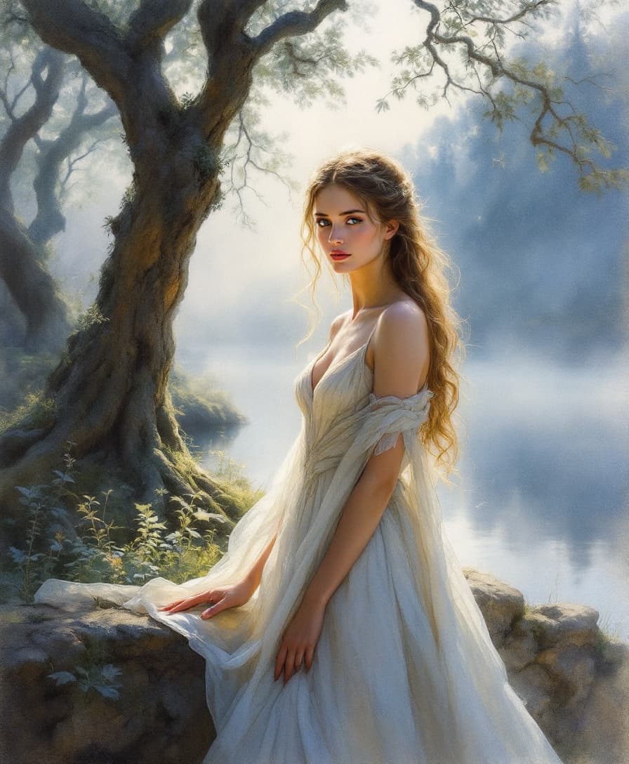 AI generated: Guinevere as a Watercolor Guinevere stands in a misty glade, surrounded by ancient trees and a seren...
