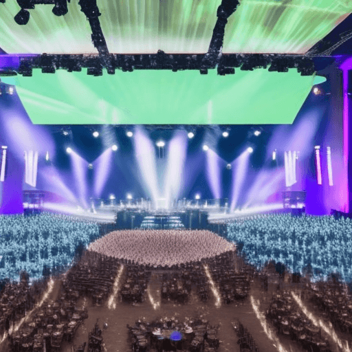 AI generated: stage design of company’s awarding ceremony, 500 attendees, modern, large digital screens, conventio...