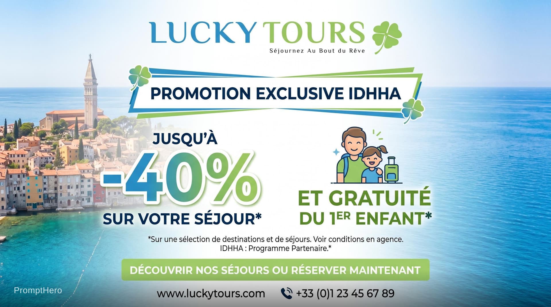 AI generated: promo aid idhha pour agence de voyage "Lucky tours" : jusqu'a  -40% avec la gratuité du 1er enfant