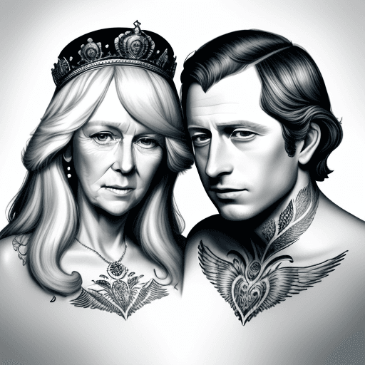 AI generated: Charles and Camilla portrait, english royalty, ink, realistic tattoo style