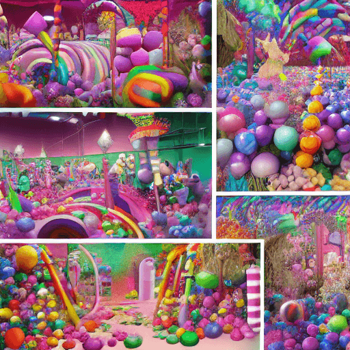 AI generated: Naturalistic collage of inside Willy Wonka's candy factory with unicorns.