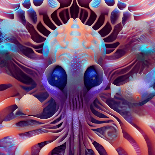 AI generated: Goddess close-up portrait ribcagel. jellyfish phoenix head, nautilus, orchid, skull, betta fish, bio...