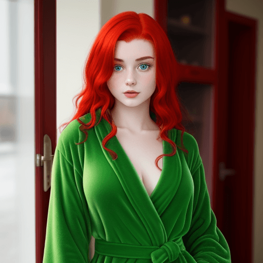 AI generated: 19 year old woman with red hair and green eyes wearing a dressing gown
