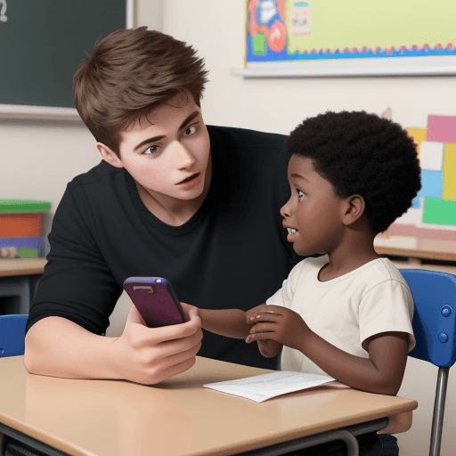 AI generated: A real photo of a young man explaining to a child in a classroom while the child is on his ultra rea...