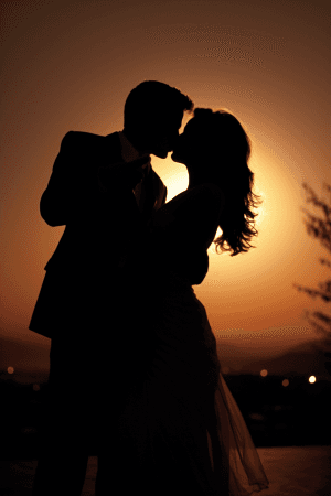 AI generated: A photograph of a couple dancing under a romantic moon, during dusk with warm lighting and shot with...
