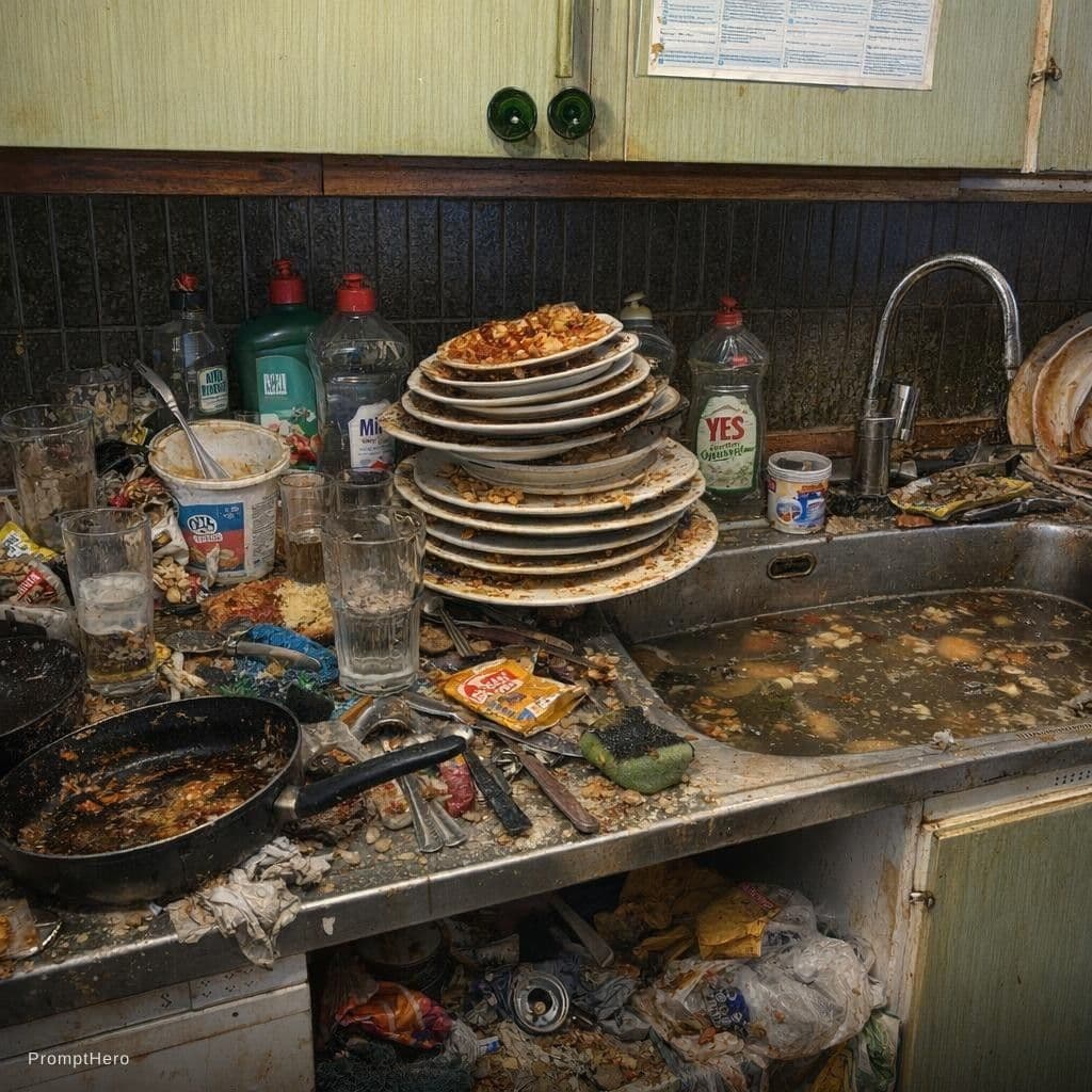 AI generated: An extremely messy kitchen sink area with huge piles of dirty dishes stacked high. Plates covered in...