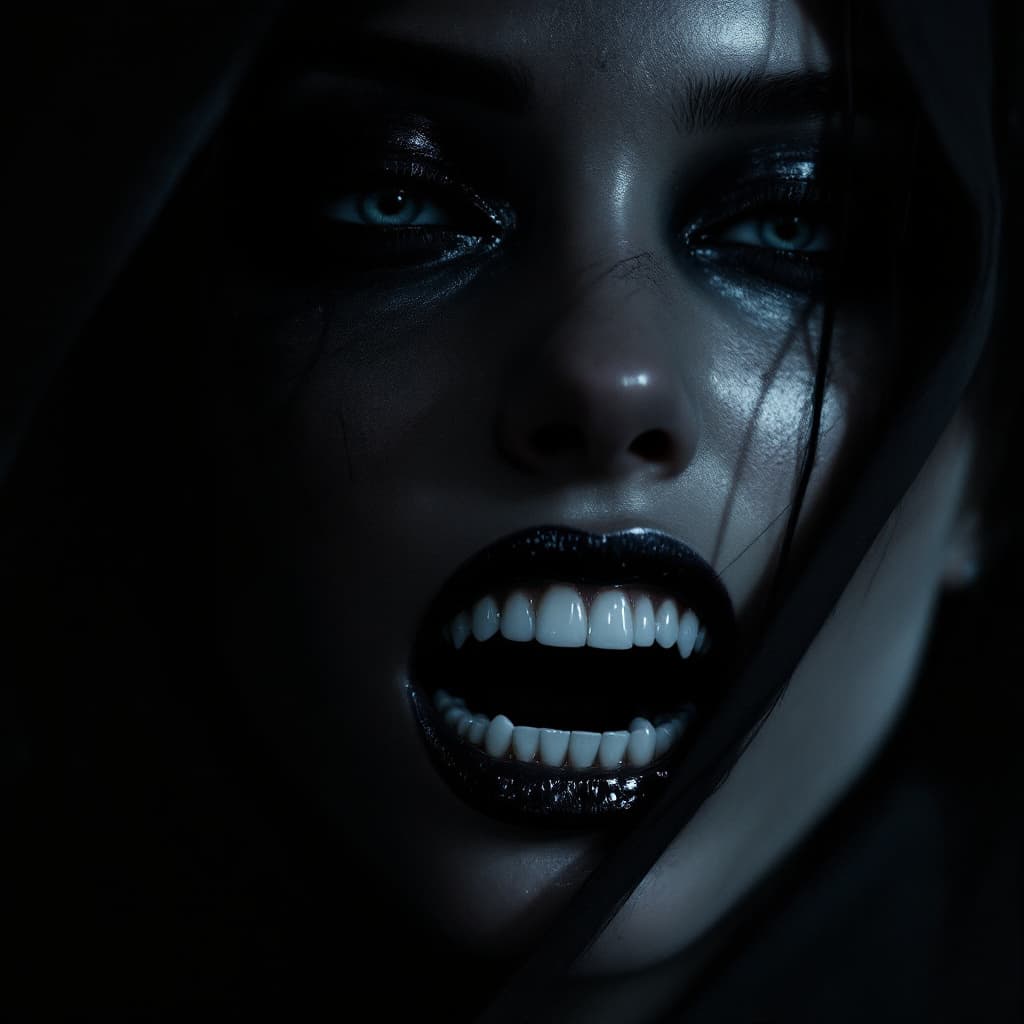 AI generated: a woman with a large jaw and g teeth, in the style of futuristic minimalism, restrained forms, darkl...