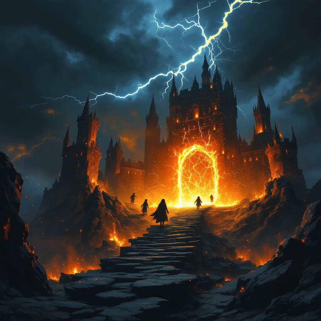 AI generated: A dark sky filled with lightning, as mysterious, small creatures emerge from a portal in a fiery cas...