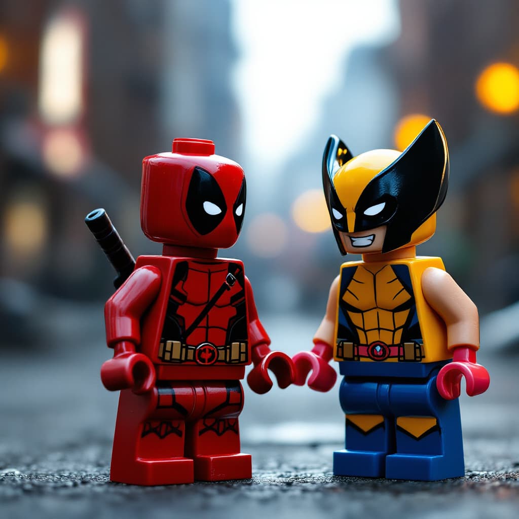 AI generated: Photorealistic image of Lego figurines of Deadpool and Wolverine, captured in high detail, with vibr...