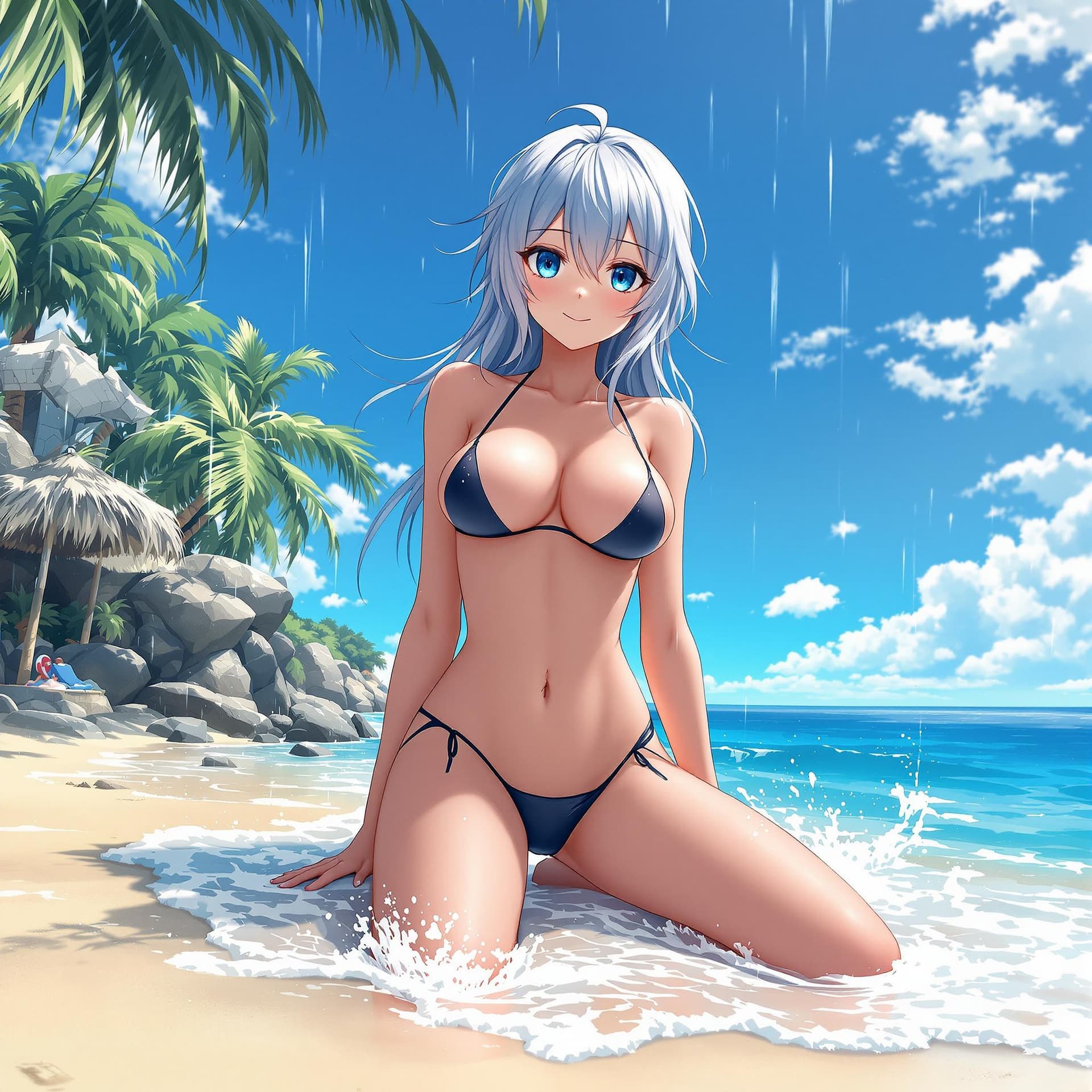 AI generated: Anime girl, in a beach, wearing a bikini, big chest, wet, spread legs, blue eyes, cute